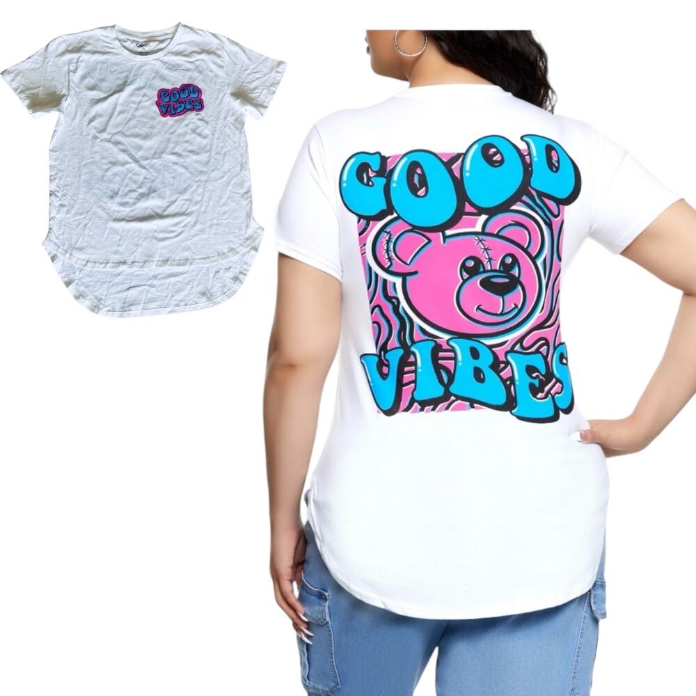 On Fire Good Vibes Bear Graphic T SHIRT Womens 1X TEE White Blue 100% Cotton Top